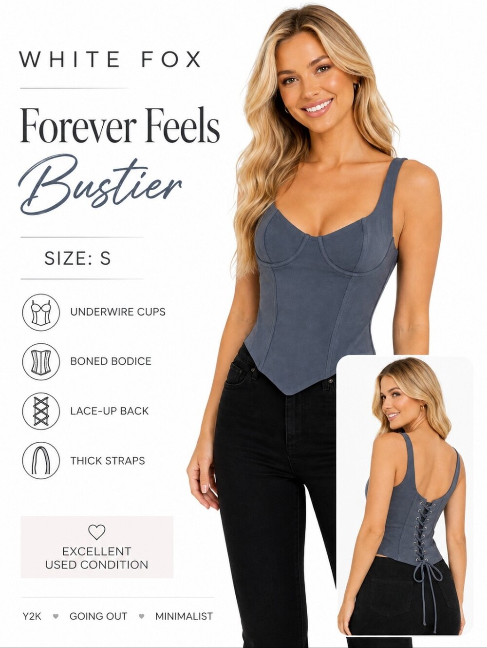 White Fox Forever Feels Bustier Corset Top – Grayish Blue Size Small
